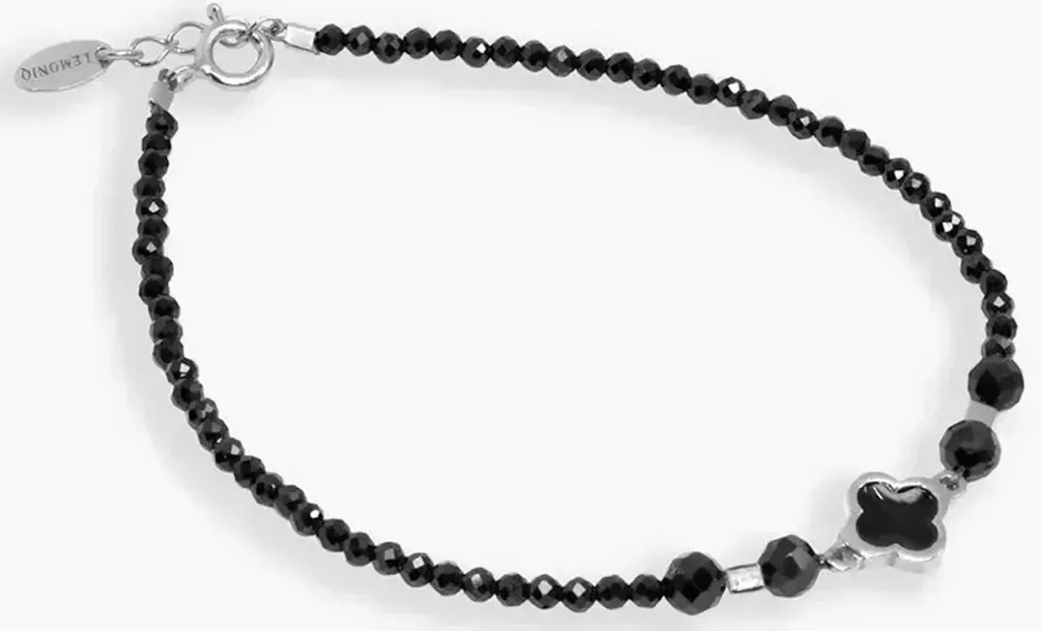 Bransoletka z naturalnego czarnego spinelu ze srebrną koniczyną – elegancka biżuteria Lemoniq...jpg