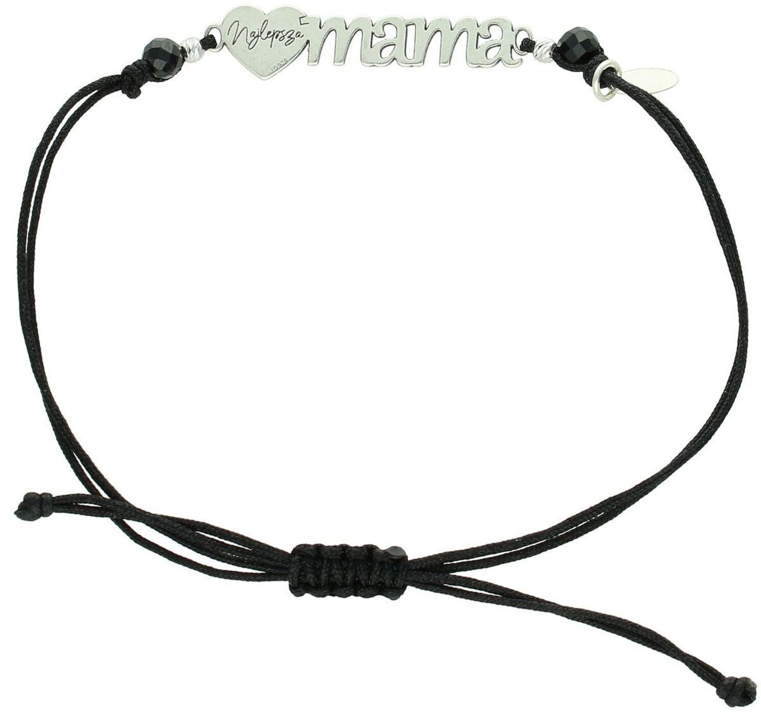 Elegancka bransoletka damska ze srebra próby 925 na czarnym sznureczku z napisem „Najlepsza Mama”. Ozdobiona naturalnymi kamieniami turmalin 1,60 g, ściągane zapięcie, regulowana długość 1.jpg