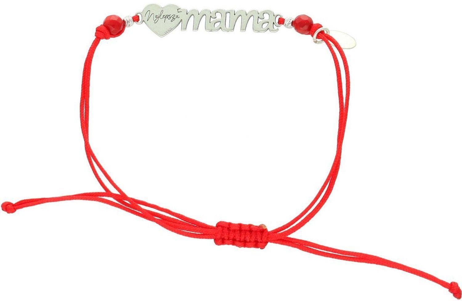 Wyjątkowa bransoletka damska ze srebra próby 925 na czerwonym sznureczku z napisem „Najlepsza Mama”. Ozdobiona naturalnym kamieniem koral 1,60 g, ściągane zapięcie, regulowana długość, idealna 1.jpg