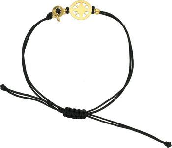 Elegancka bransoletka damska ze srebra próby 925 pozłacana na czarnym sznureczku, zdobiona pozłacaną różą wiatrów i naturalnym kamieniem turmalin 1,00 g. Ściągane zapięcie, regulowana długość, 1.jpg