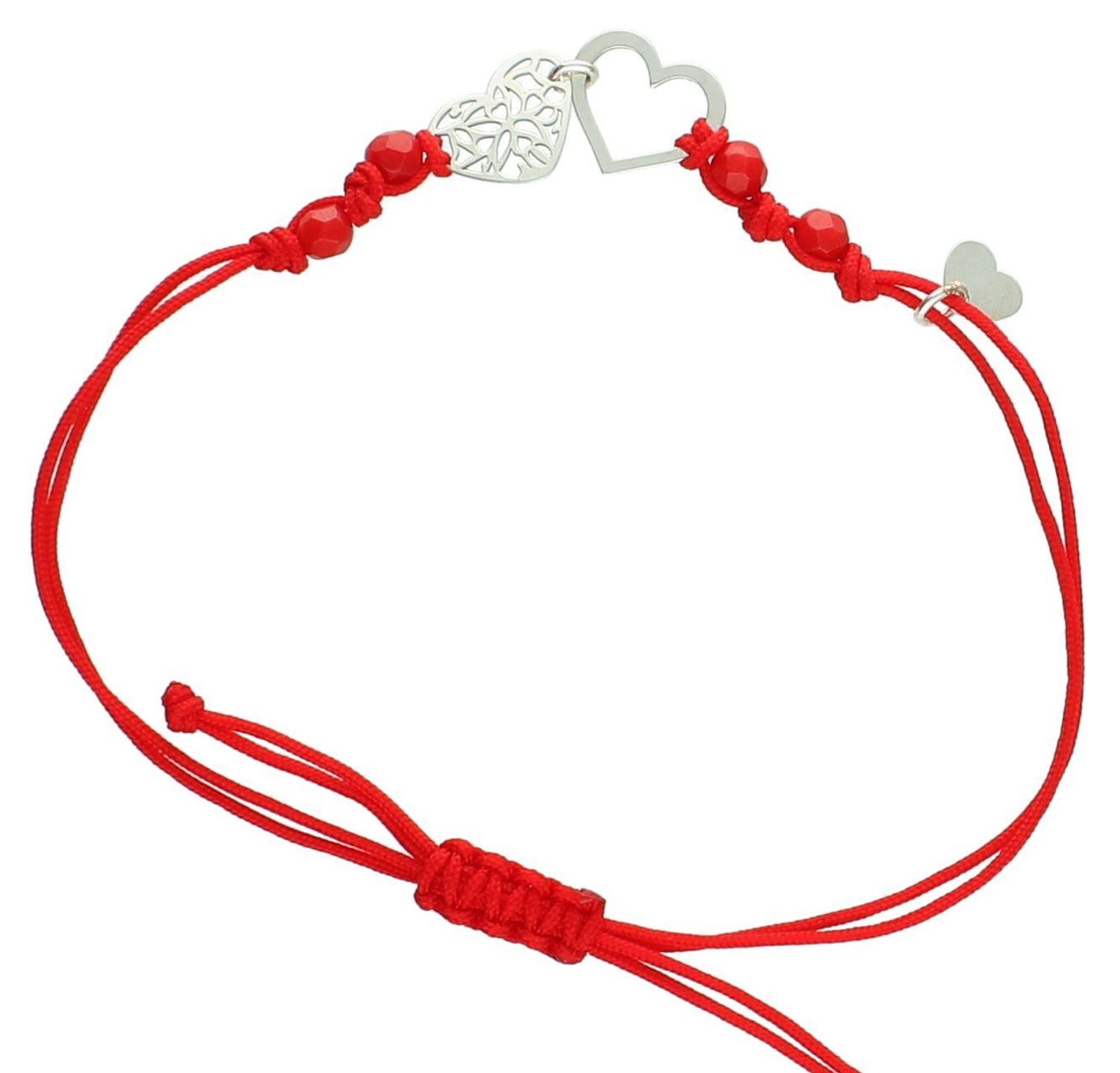 Bransoletka damska na sznureczku dwa serca pr 925, BS3227v52 Bransoletka dwa serca z kuleczkami grawerowanymi. Bransoletka wykonana ze sznureczka w czerwonym kolorze wykonana ze srebra próby 925. Idealny pomysł na 1.jpg