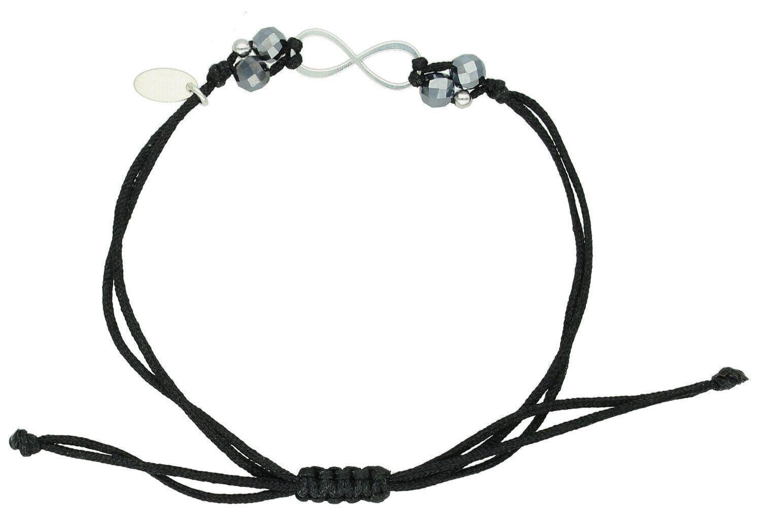 Elegancka bransoletka damska na czarnym sznurku z symbolem nieskończoności ze srebra 925 i naturalnymi kamieniami (krzem, kwarc dymny). Regulowane zapięcie ściągane.1.jpg