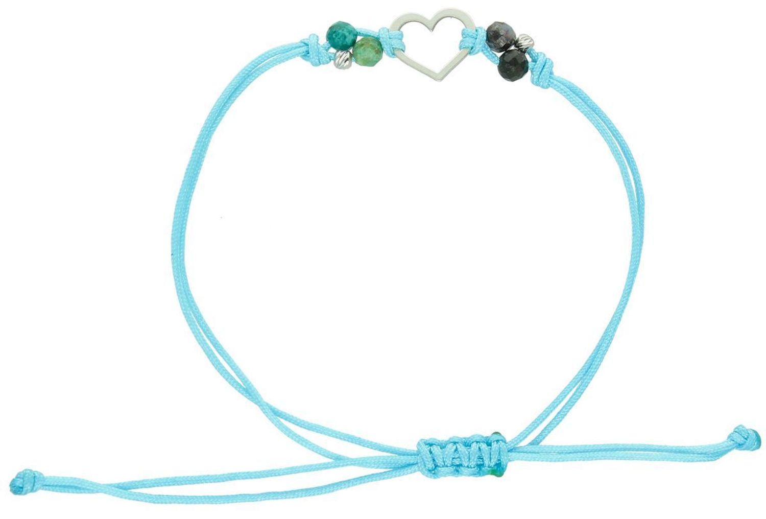 Bransoletka srebrna próby 925 na niebieskim sznureczku, zdobiona serduszkiem i kamieniami chryzokola. Regulowane zapięcie. Symboliczna i lekka biżuteria na co dzień.1.jpg