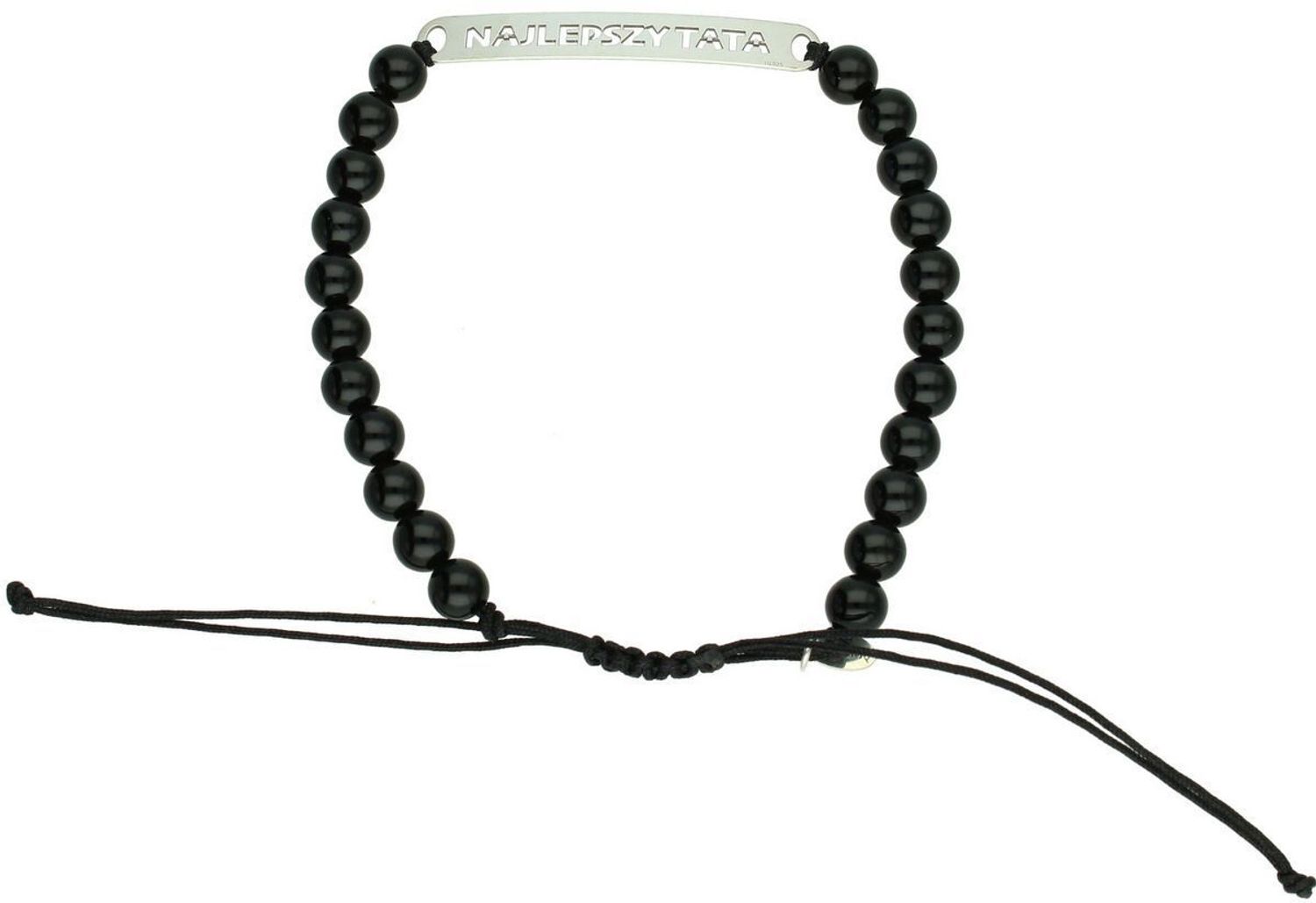 Srebrna bransoletka „Najlepszy Tata” ze srebra 925 na czarnym, regulowanym sznurku. Onyks – kamień siły i ochrony. Idealny prezent dla taty na każdą okazję.1.jpg