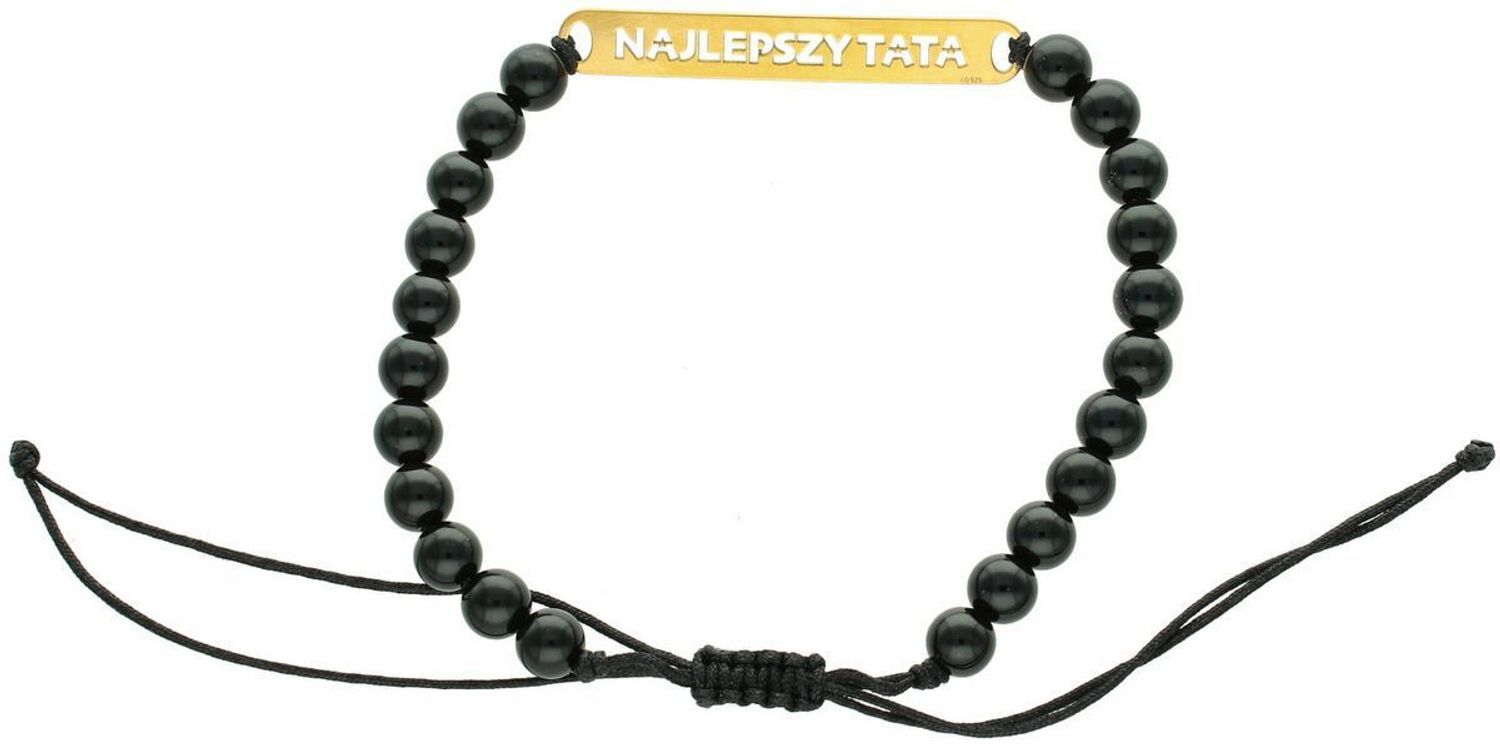 Pozłacana bransoletka „Najlepszy Tata” ze srebra 925 na czarnym sznurku z onyksami. Regulowana długość, elegancka blaszka 5,9 × 41,7 mm. Idealny prezent dla taty na każdą okazję.1.jpg