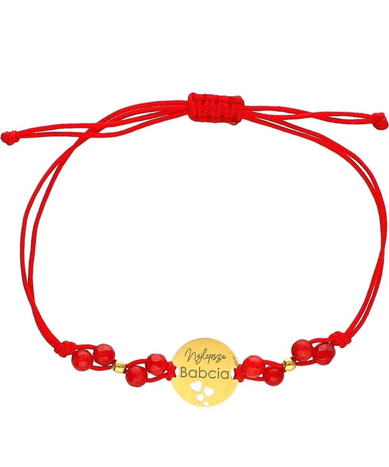 Bransoletka na czerwonym sznurku „Najlepsza Babcia” – srebro pozłacane 925, koral, kółko 1,3 cm pozłacana.jpg
