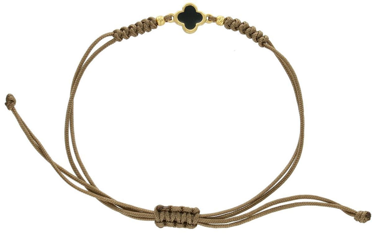 Bransoletka srebrna pozłacana 925 BS3245v69 na brązowym sznureczku, zdobiona koniczynką z czarną emalią. Regulowane zapięcie, lekka – 0,85 g. Stylowa i symboliczna.1.jpg