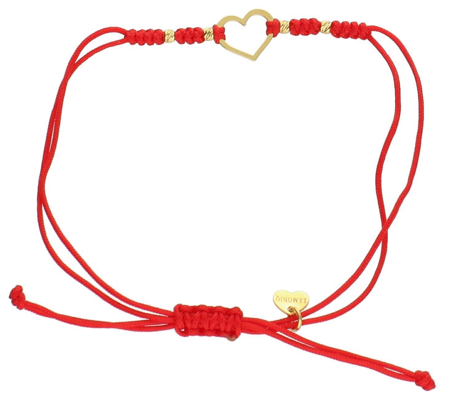 Bransoletka damska sznureczek serduszko z kuleczkami pr 925, BS3245v9 Bransoletka serce z kuleczkami grawerowanymi pozłacana. Bransoletka wykonana ze sznureczka w czerwonym kolorze i kuleczkami wykonanymi ze srebra1.jpg