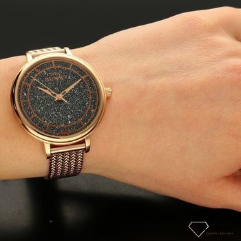 Zegarek damski w kolorze różowego złota z czarną, ozdobną tarczą kryształami Swarovskiego. Zegarek z mineralnym szkłem. Zapraszamy na www.zegarki-diament (1).jpg