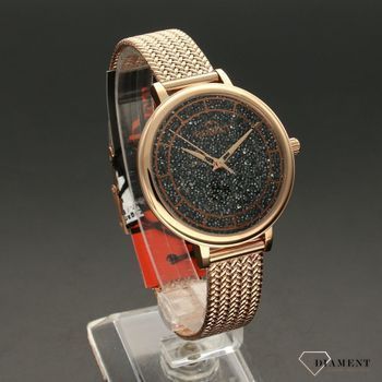 Zegarek damski w kolorze różowego złota z czarną, ozdobną tarczą kryształami Swarovskiego. Zegarek z mineralnym szkłem. Zapraszamy na www.zegarki-diament (2).jpg