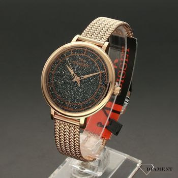 Zegarek damski w kolorze różowego złota z czarną, ozdobną tarczą kryształami Swarovskiego. Zegarek z mineralnym szkłem. Zapraszamy na www.zegarki-diament (3).jpg