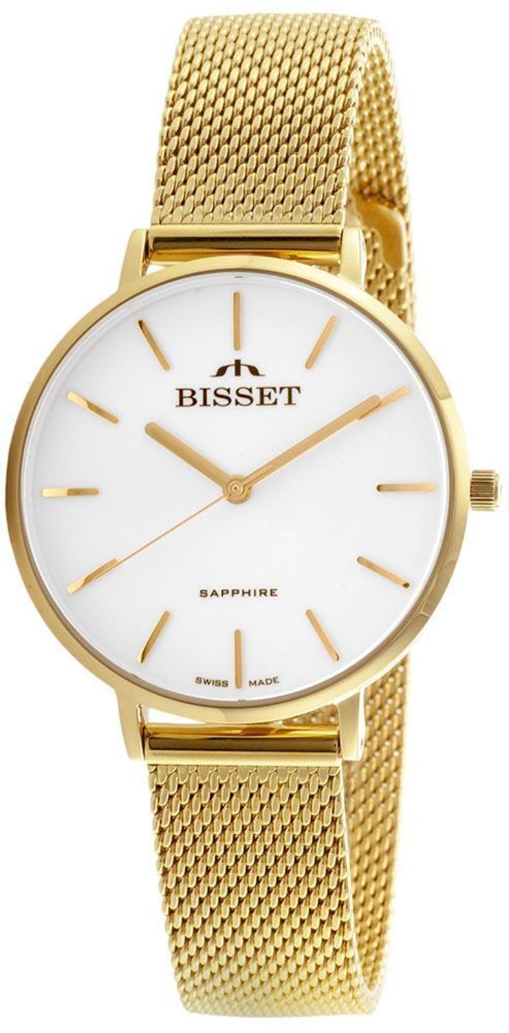 Bisset BSBF32GISX03B3 – elegancki szwajcarski zegarek klasyczny z białą tarczą, złotą kopertą i szafirowym szkłem. Bransoleta G-Link umożliwia samodzielną regulację długości.1.jpg