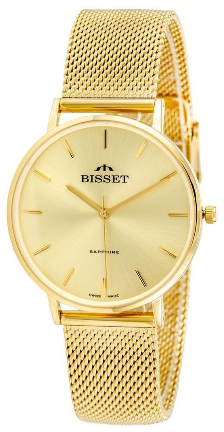 Bisset BSBF33GIGX03BX – elegancki szwajcarski zegarek klasyczny z złotą tarczą, szafirowym szkłem i stalową bransoletą G-Link z mikroregulacją. Luksus i trwałość w jednym.1.jpg