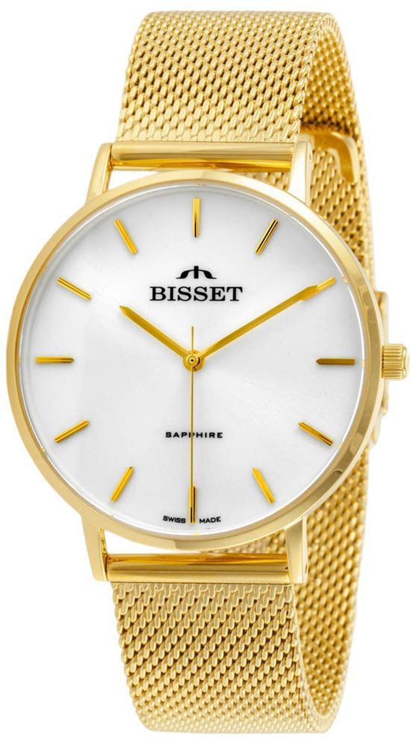 Bisset Brienz BSBF33GISX03B1 – elegancki damski zegarek klasyczny z białą tarczą, złotą kopertą i bransoletką mesh ze stali nierdzewnej. Szkło szafirowe i wodoszczelność 3 ATM.1.jpg