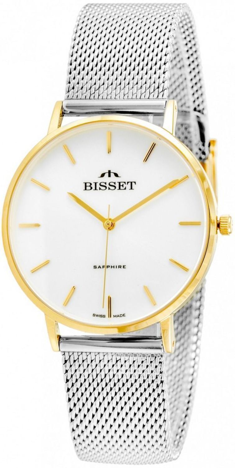 Bisset Brienz BSBF33GISX03BX – elegancki damski zegarek szwajcarski z mechanizmem RONDA SWISS EOL, złotą kopertą PVD, białą tarczą, stalowym paskiem mesh, szkłem szafirowym i wodoszczelnością 1.jpg