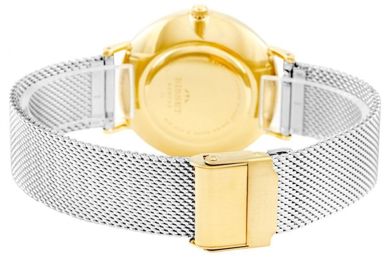 Bisset Brienz BSBF33GISX03BX – elegancki damski zegarek szwajcarski z mechanizmem RONDA SWISS EOL, złotą kopertą PVD, białą tarczą, stalowym paskiem mesh, szkłem szafirowym i wodoszczelnością 1.jpg