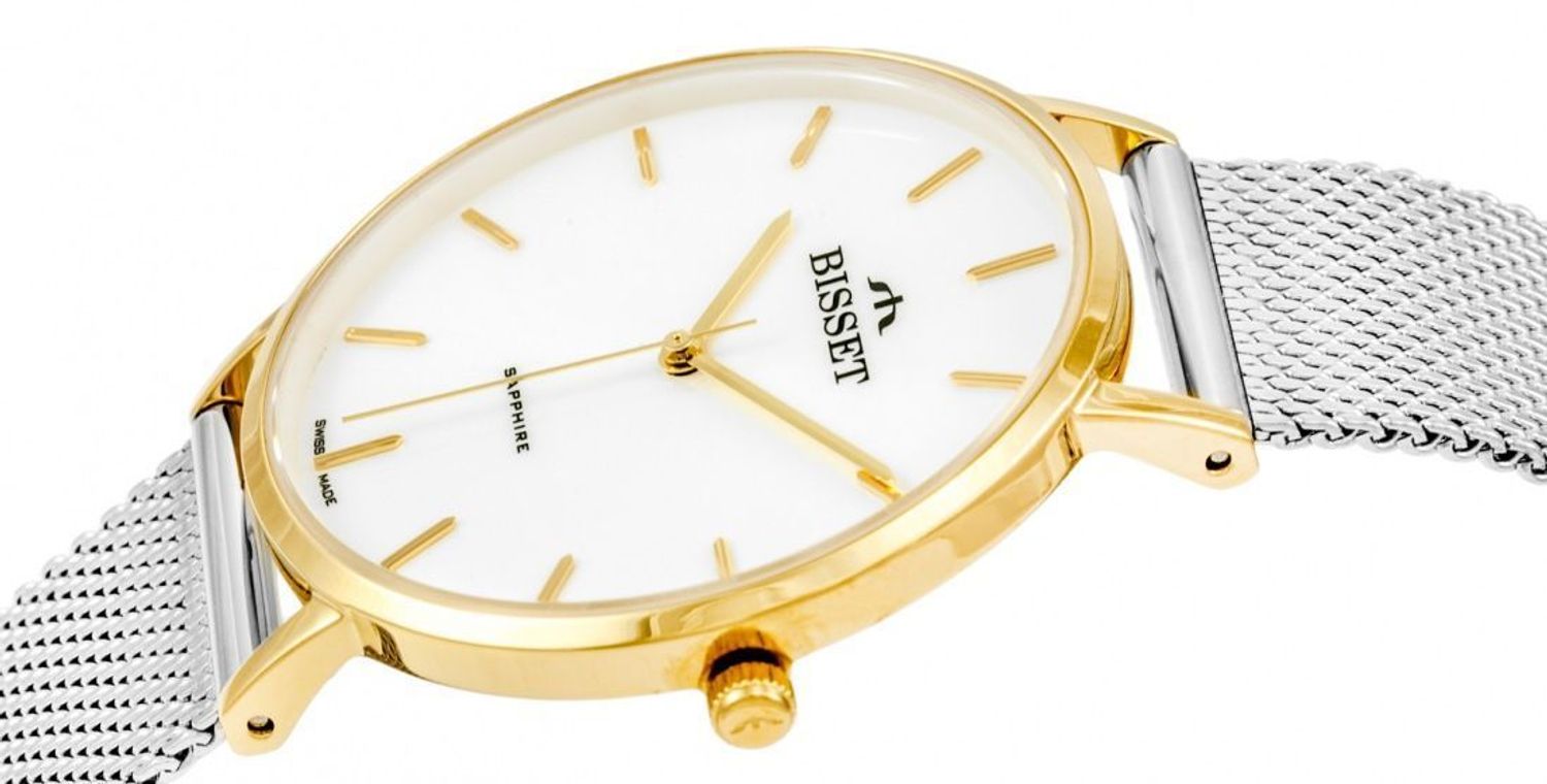 Bisset Brienz BSBF33GISX03BX – elegancki damski zegarek szwajcarski z mechanizmem RONDA SWISS EOL, złotą kopertą PVD, białą tarczą, stalowym paskiem mesh, szkłem szafirowym i wodoszczelnością 1.jpg