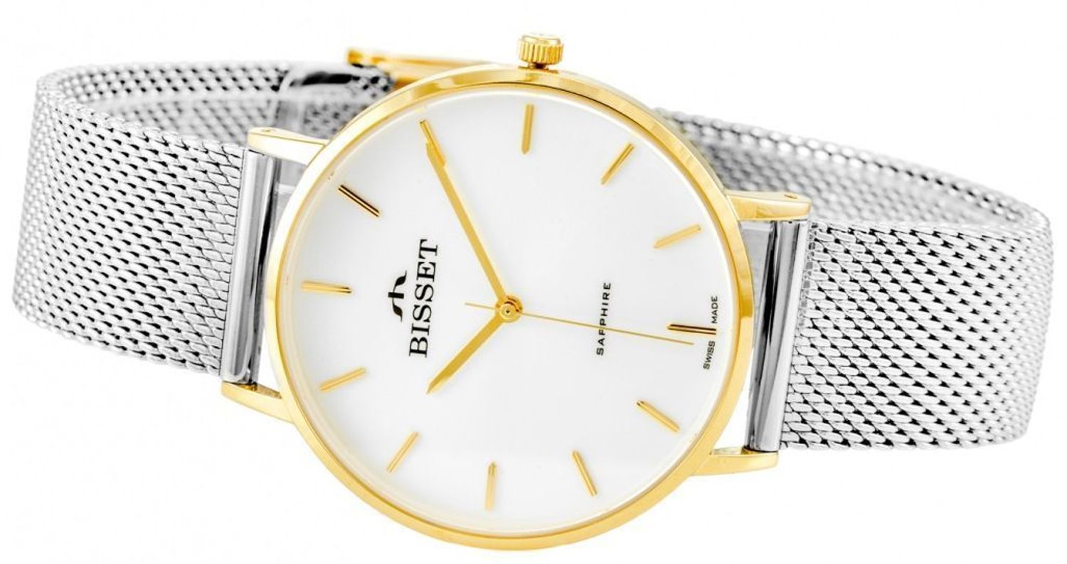 Bisset Brienz BSBF33GISX03BX – elegancki damski zegarek szwajcarski z mechanizmem RONDA SWISS EOL, złotą kopertą PVD, białą tarczą, stalowym paskiem mesh, szkłem szafirowym i wodoszczelnością 1.jpg
