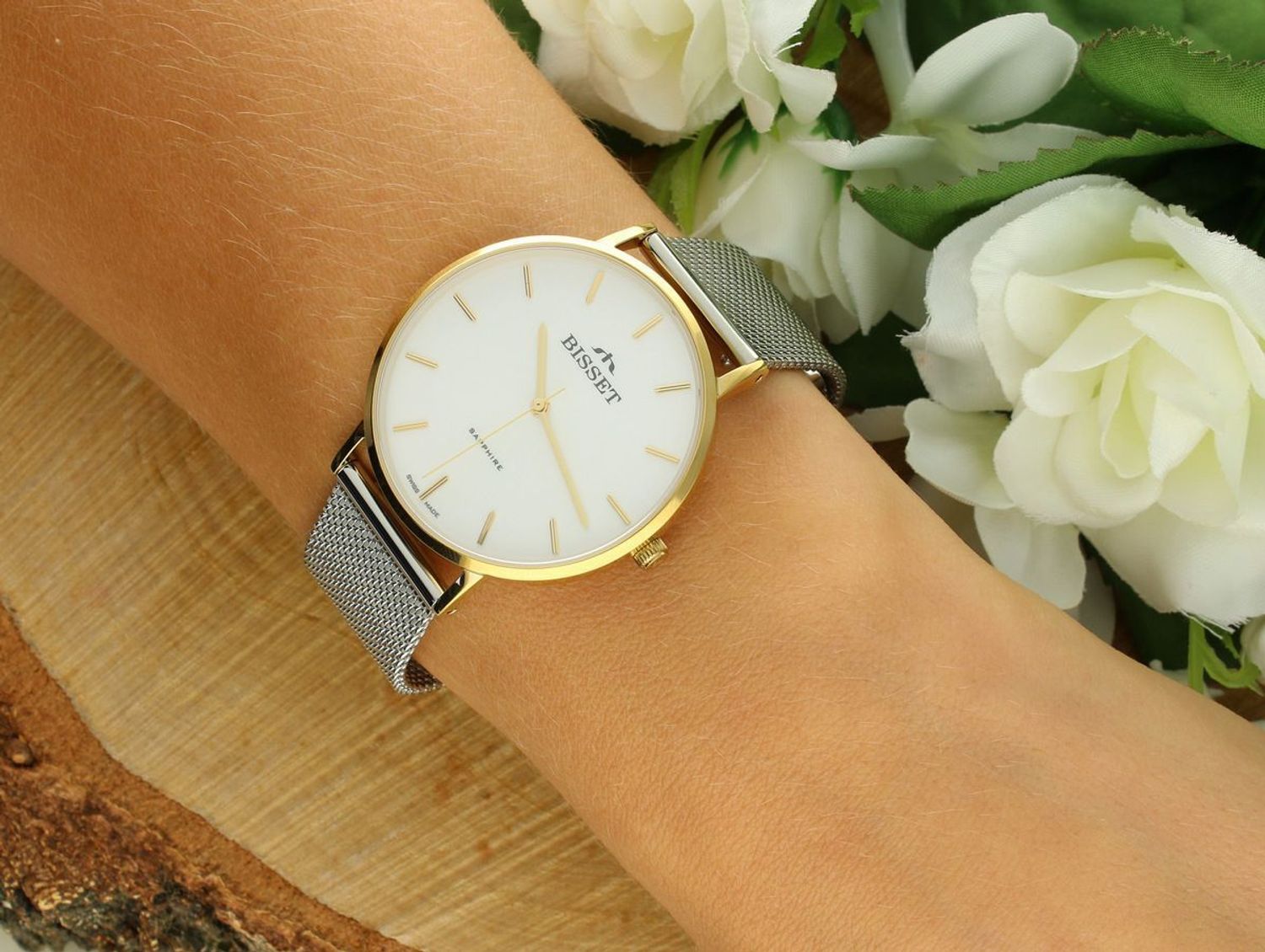 Bisset Brienz BSBF33GISX03BX – elegancki damski zegarek szwajcarski z mechanizmem RONDA SWISS EOL, złotą kopertą PVD, białą tarczą, stalowym paskiem mesh, szkłem szafirowym i wodoszczelnością 1.jpg