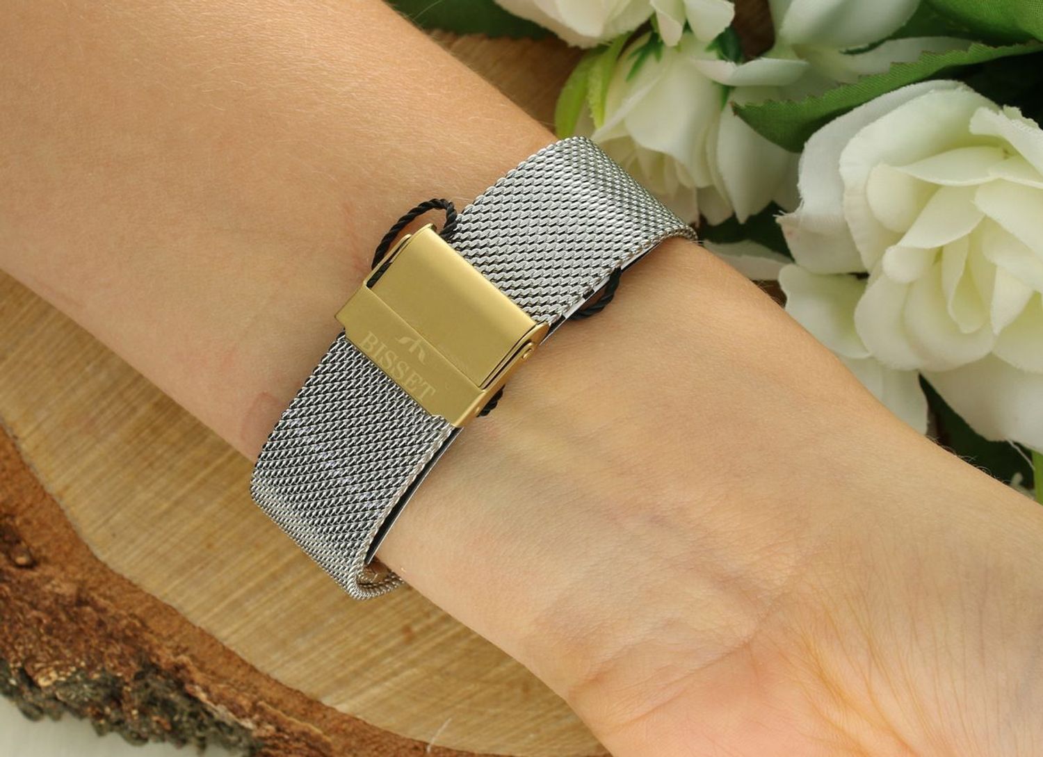 Bisset Brienz BSBF33GISX03BX – elegancki damski zegarek szwajcarski z mechanizmem RONDA SWISS EOL, złotą kopertą PVD, białą tarczą, stalowym paskiem mesh, szkłem szafirowym i wodoszczelnością 1.jpg