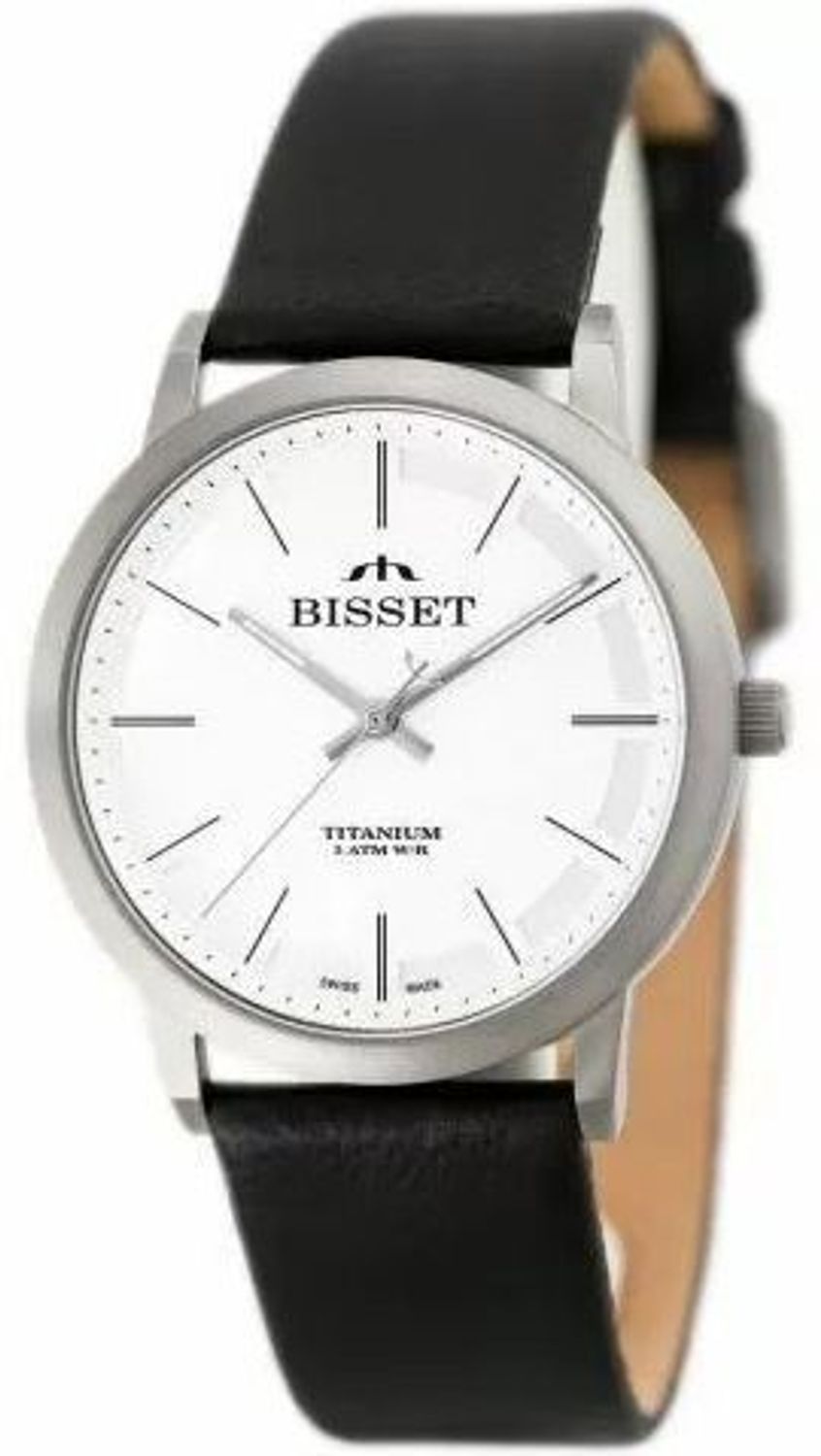 Zegarek męski Bisset BSCE43DISX05BX – klasyczny model z tytanową kopertą, białą tarczą i czarnym paskiem ze skóry. Szwajcarski mechanizm kwarcowy, mineralne szkiełko, 2 lata gwarancji.1.jpg
