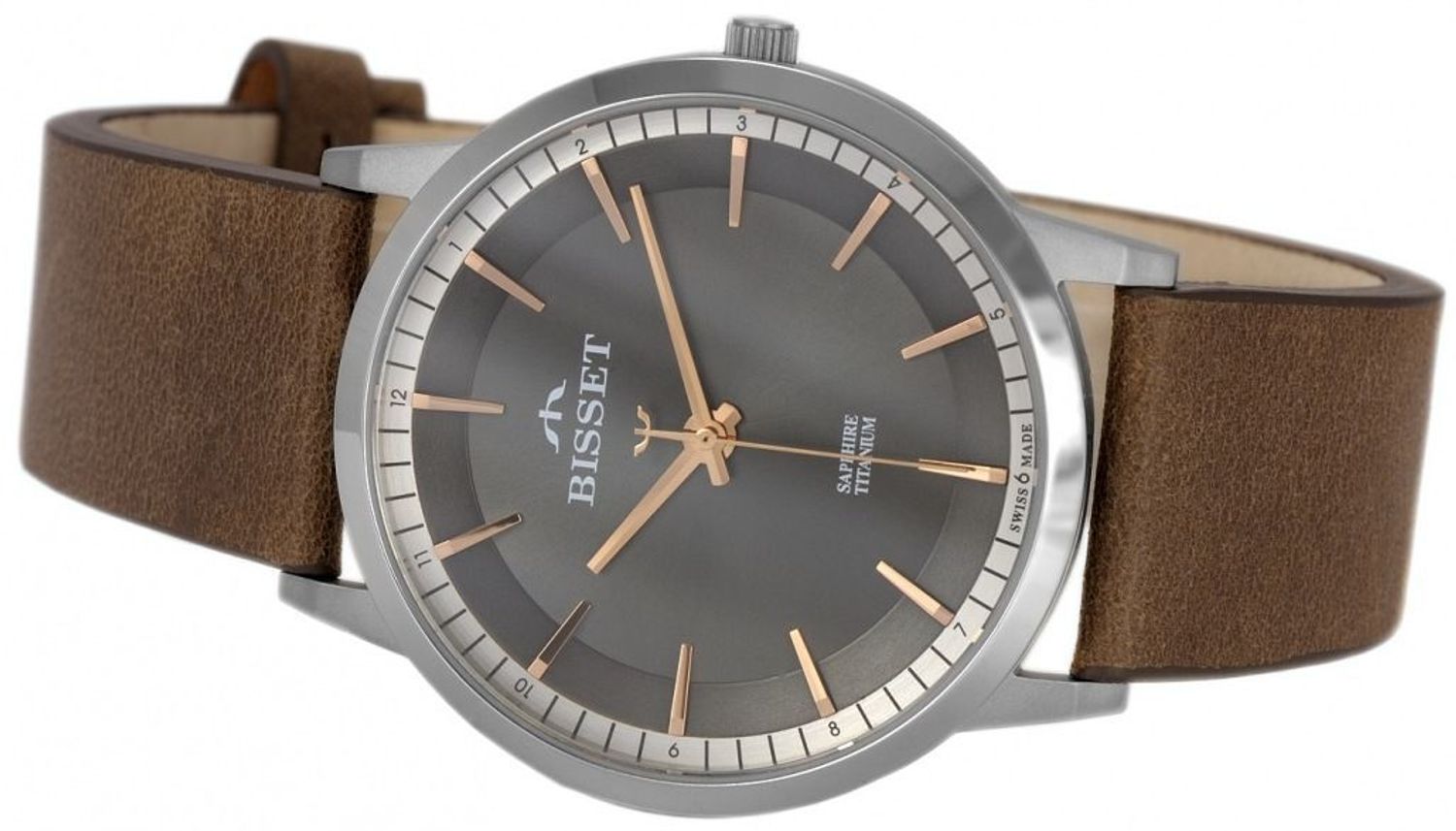Męski zegarek Bisset Antorn z tytanową kopertą, skórzanym paskiem i mechanizmem RONDA SWISS EOL. Szafirowe szkło, wodoszczelność 30M, ponadczasowa elegancja i lekkość.1.jpg