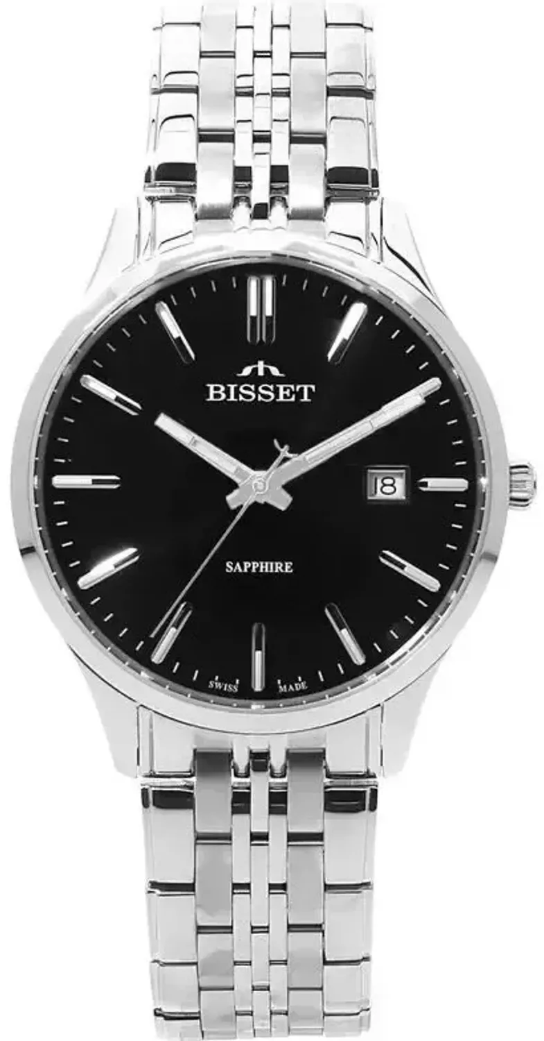 Męski zegarek Bisset BSDF38SIBX03BX z mechanizmem kwarcowym, szafirowym szkłem i stalową bransoletą. Swiss Made, czarna tarcza, datownik – klasyka i funkcjonalność w jednym.1.webp