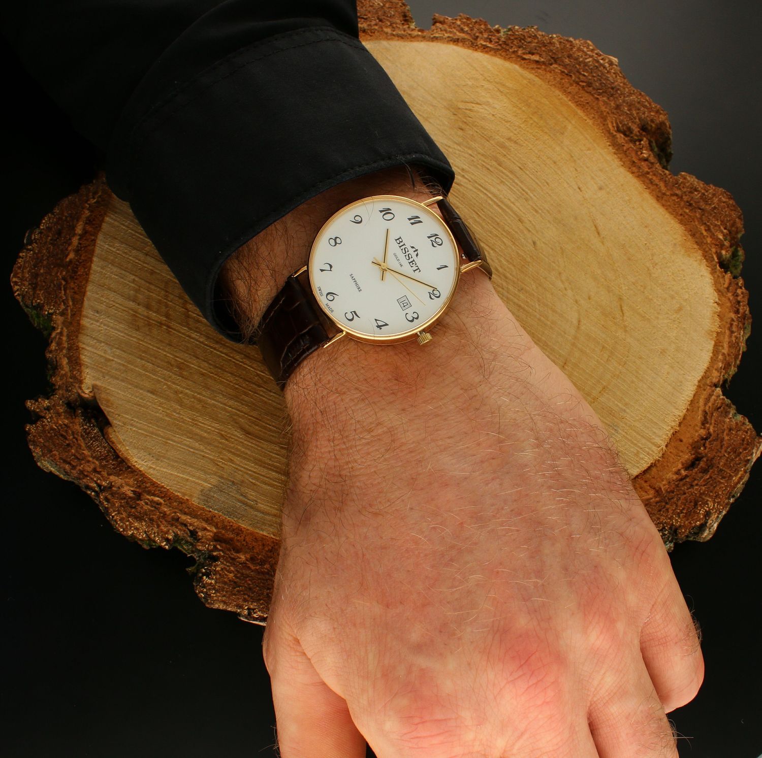 Zegarek złoty męski na brązowym pasku Bisset Sapphire Złoty BSYF24GAWX01BX.webp