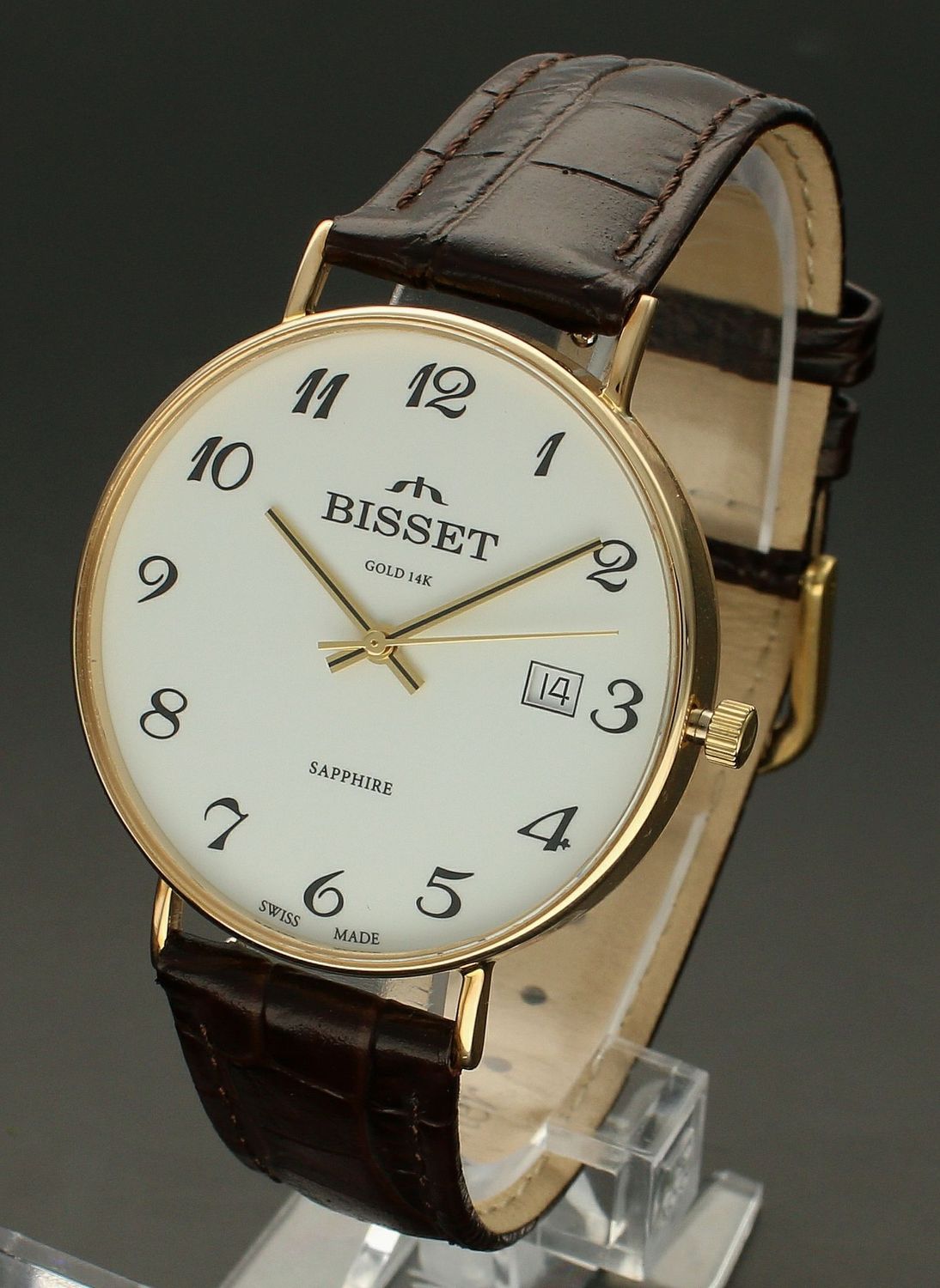 Zegarek złoty męski na brązowym pasku Bisset Sapphire Złoty BSYF24GAWX01BX.webp