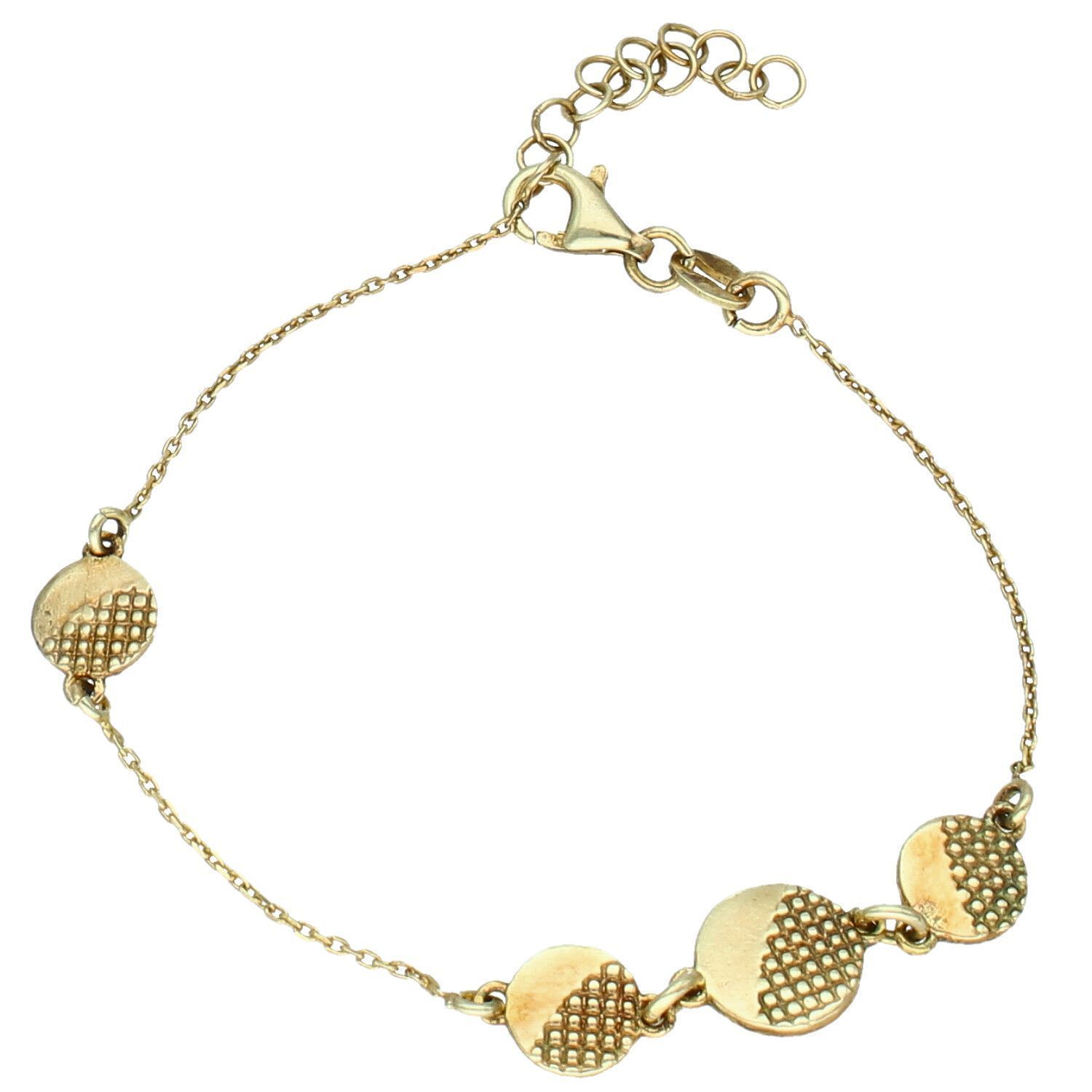 Damska bransoletka srebrna pozłacana 925 BTBK006416, zdobiona okrągłymi blaszkami z dekoracyjnym wzorem. Długość 16 cm + 3 cm regulacji, zapięcie na karabińczyk. Elegancka, stylowa i idealna na prezent.1.jpg