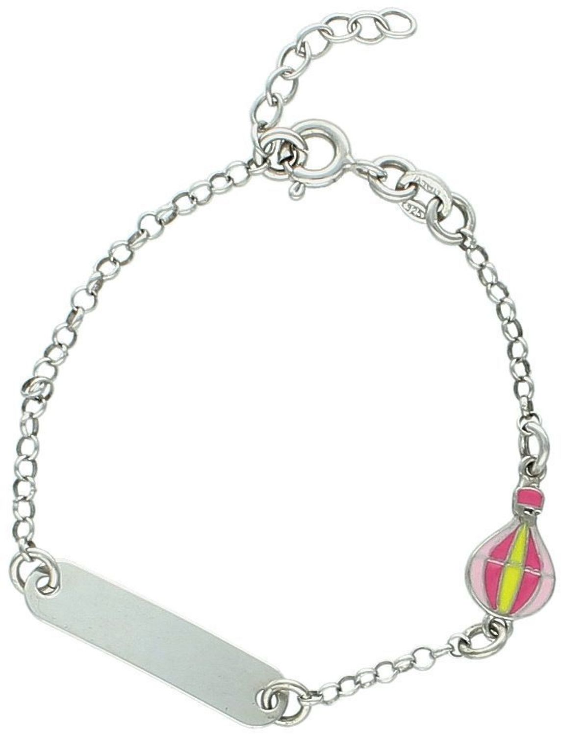 Srebrna bransoletka dziecięca 925 z blaszką do grawerowania i kolorową zawieszką balonikiem. Waga 2,49 g, długość 14-16 cm. Idealny prezent dla dziecka!1.jpg