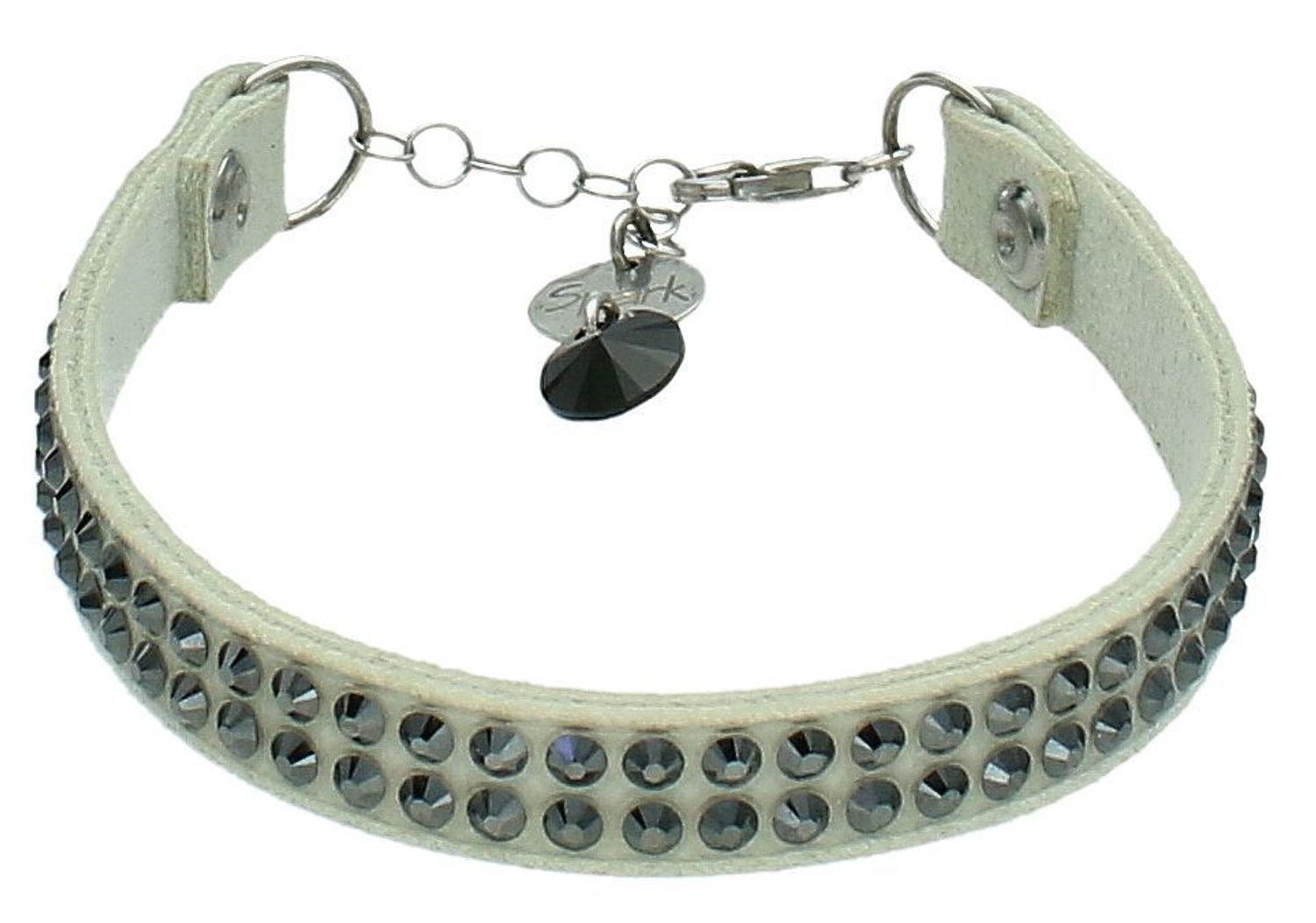 Bransoletka Spark biała z czarnymi kryształkami Swarovski BTEX2WJ. Bransoletka ślubna. Bransoletka damska na prezent. Biała bransoletka damska. Bransoletka alcantara.1.jpg