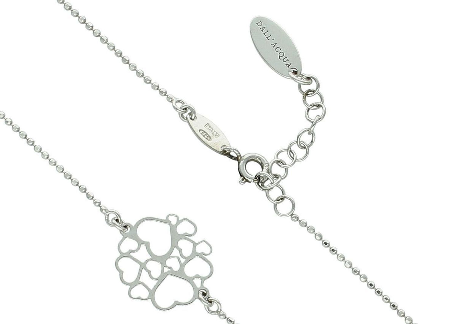 Elegancki srebrny naszyjnik próba 925 z ażurową okrągłą zawieszką z małymi serduszkami. Długość naszyjnika 41 cm + 3 cm. Zapięcie na karabińczyk. Waga 2,58 g. Firma Dall'Acqua.1.jpg