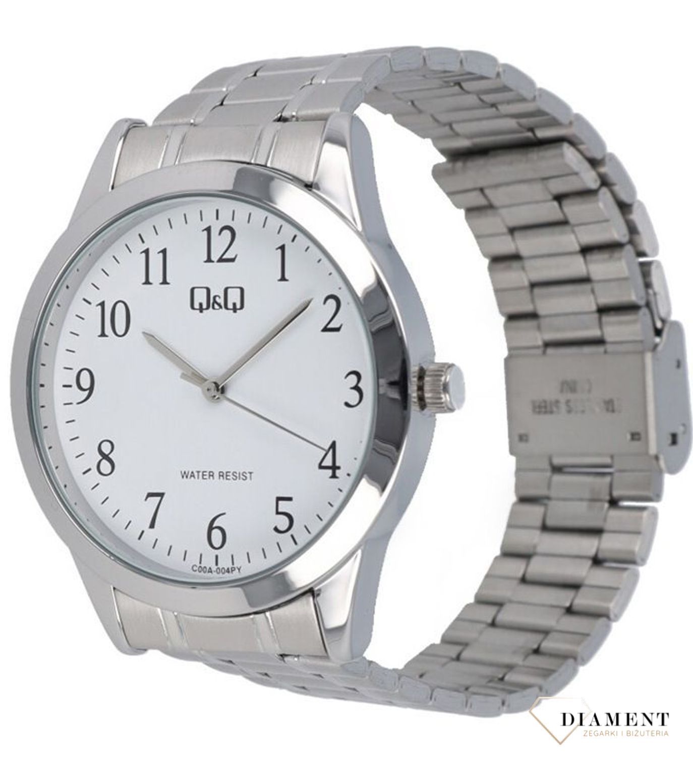 Zegarek męski QQ na bransolecie biała tarcz z cyframi C00A-004P. Klasyczny męski zegarek na prezent. Tani męski zegarek. Wyraźny męski zegarek na bransolecie. Zegarek dla seniora. Zegarek dla starszej osoby na branso.jpg