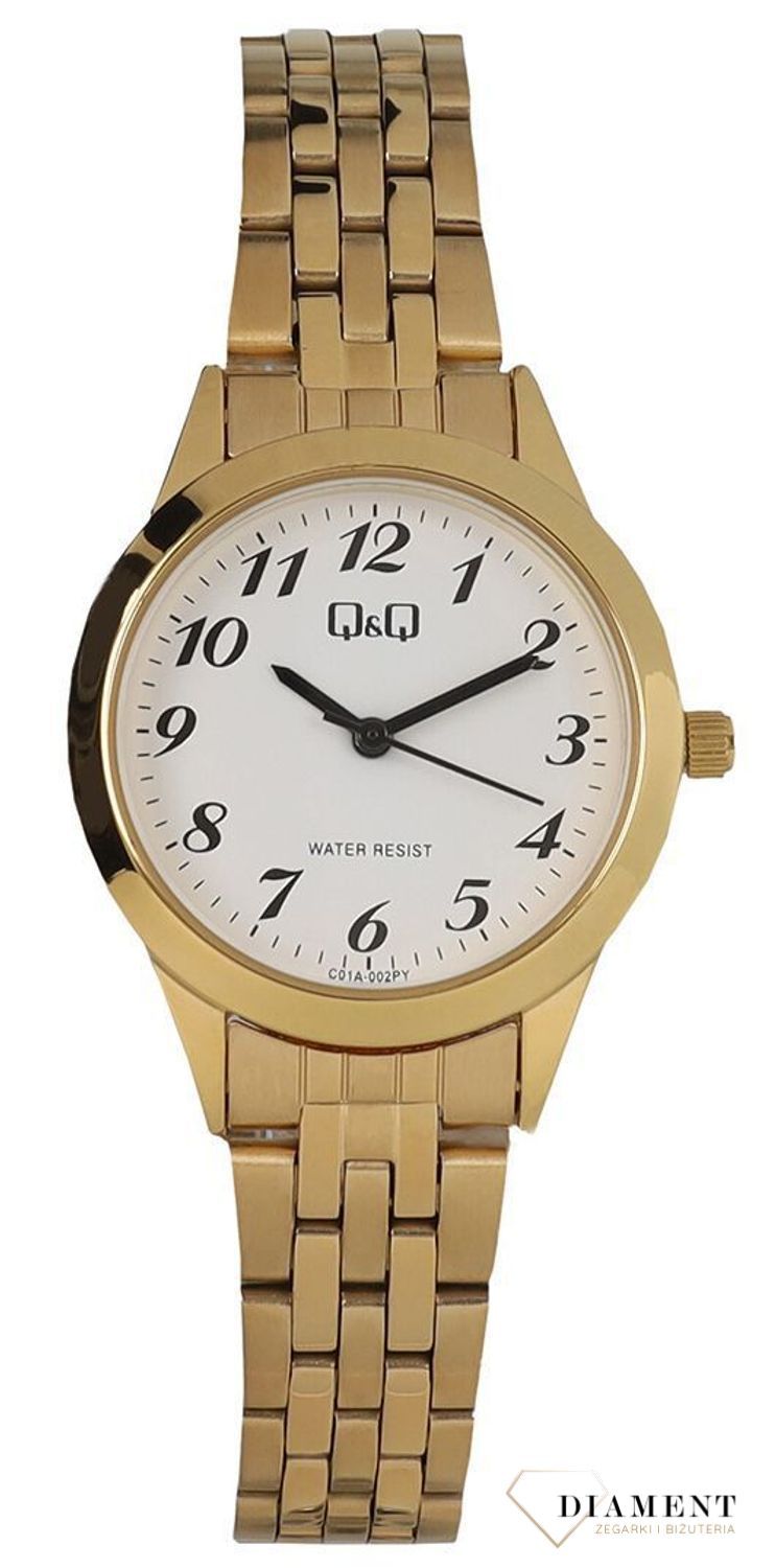 Zegarek damski QQ na bransolecie w złotym kolorze z cyframi C01A-002P. Zegarki damskie wyraźne. Zegarek dla starszej osoby. Klasyczny tani zegarek na złotej bransolecie. Pomysł na prezent dla starszej osoby. Zegarek.jpg