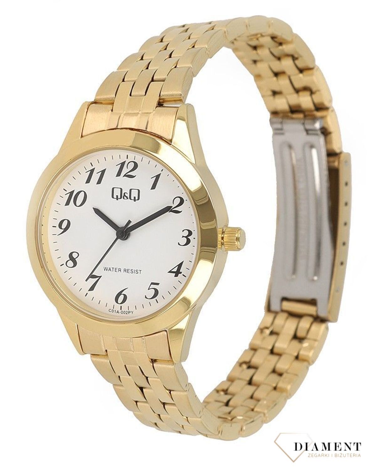 Zegarek damski QQ na bransolecie w złotym kolorze z cyframi C01A-002P. Zegarki damskie wyraźne. Zegarek dla starszej osoby. Klasyczny tani zegarek na złotej bransolecie. Pomysł na prezent dla starszej osoby. Zegarek.jpg
