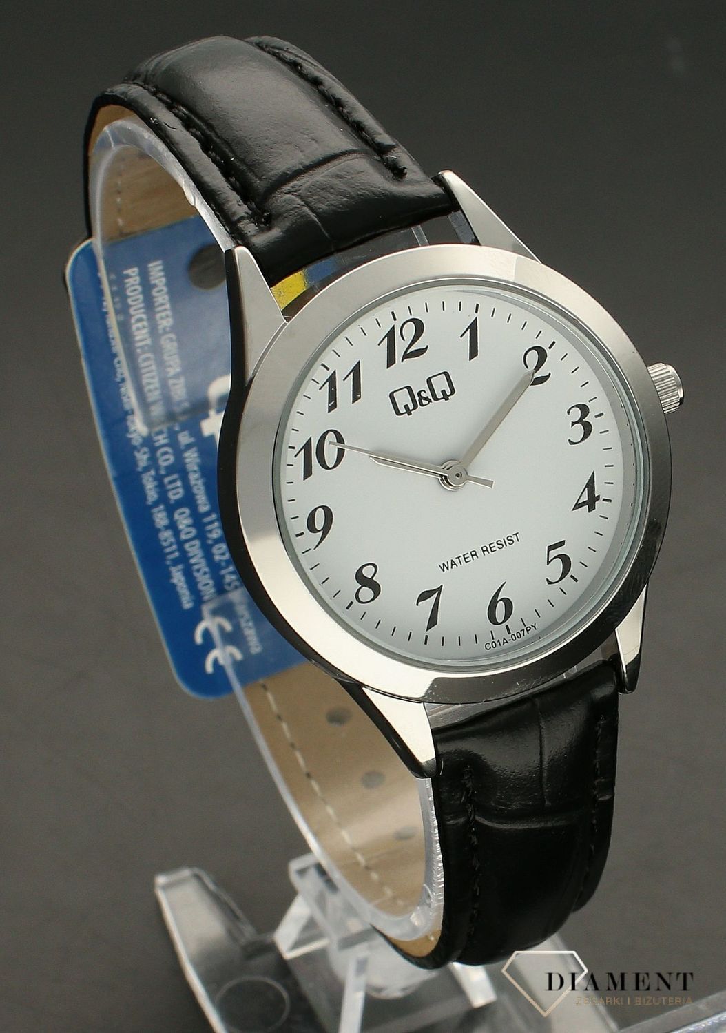Zegarek damski QQ czarny pasek Klasyczna tarcza z cyframi C01A-007P. Zegarek kwarcowy zasilany za pomocą baterii. Czytelna i wyraźna tarcza z cyframi arabskimi. Zegarek damski na czarnym pasku..jpg