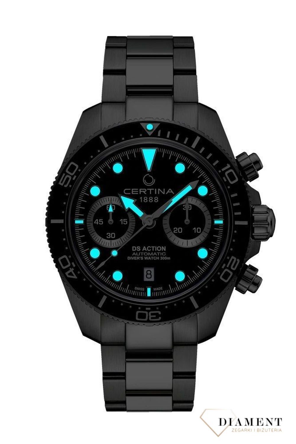 Zegarek męski Certina DS Action Diver Chrono Automatic C032.827.11.051.00. Zegarek ze szczelnością 300m do nurkowania. Szwajcarski zegarek Certina do nurkowania dla mężczyzny. Zegarek Certina na bransolecie..jpg