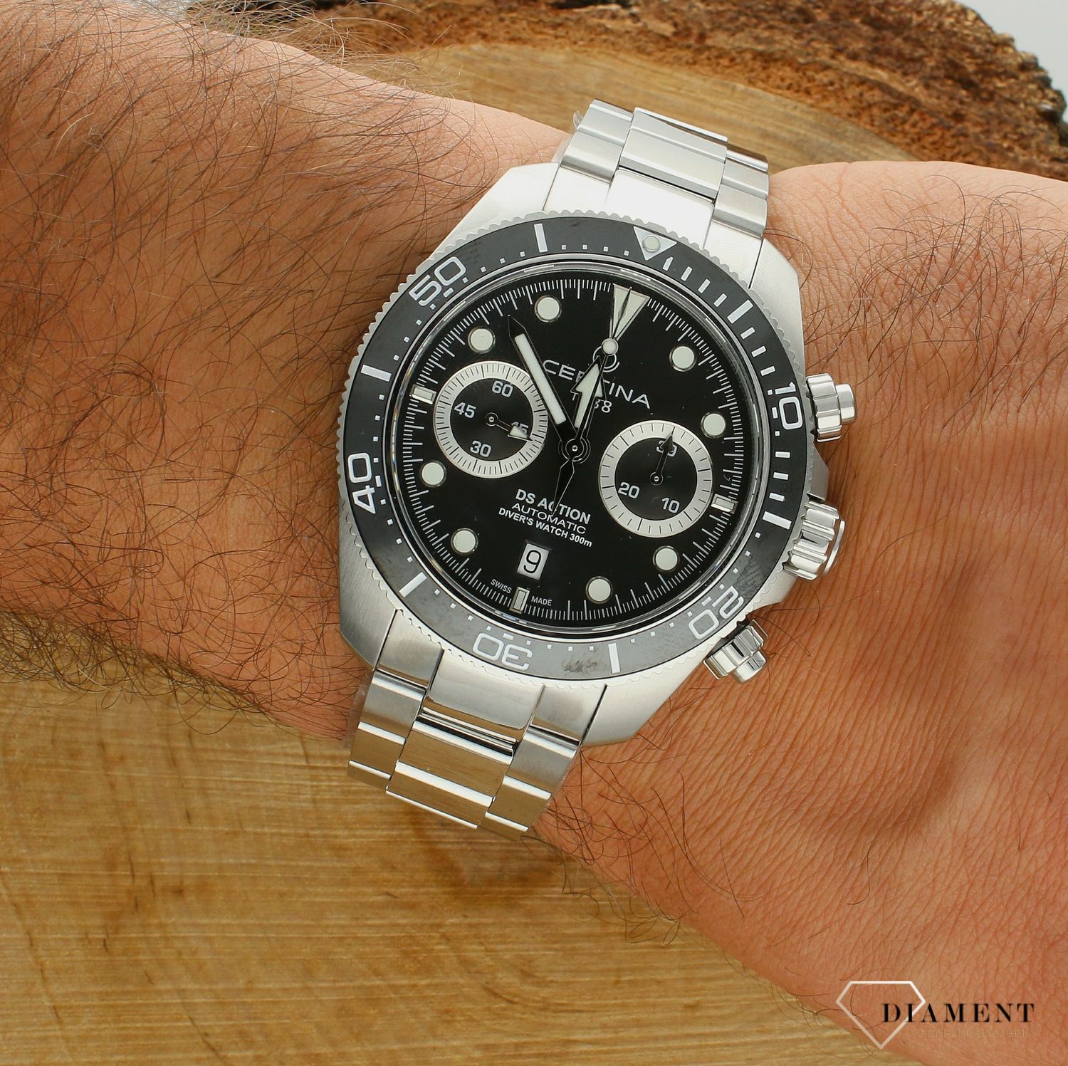 Zegarek męski Certina DS Action Diver Chrono Automatic C032.827.11.051.00. Zegarek ze szczelnością 300m do nurkowania. Szwajcarski zegarek Certina do nurkowania dla mężczyzny. Zegarek Certina na bransolecie..jpg