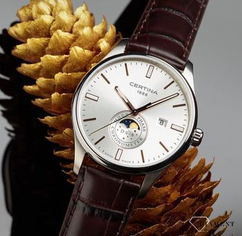 Zegarek męski Certina DS 8 Moon Phase C033.457.16.031.00. W tym modelu Certina zestawia klasyczny wskaźnik faz księżyca z oryginalnym, nowoczesnym designem. Zegarek na brązowym pasku Certina. Zegarek męski idealny na prezent (5).jpg