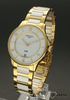 Zegarek damski ceramiczny Certina DS-6 Lady Chronometer C039.251.33.017.00. Ds DS-6 Ceramic wyposażony jest w kwarcowy mechanizm, zasilany za pomocą baterii. Damski zegarek w pięknej kolorystyce połączenia biali i złota (4).jpg