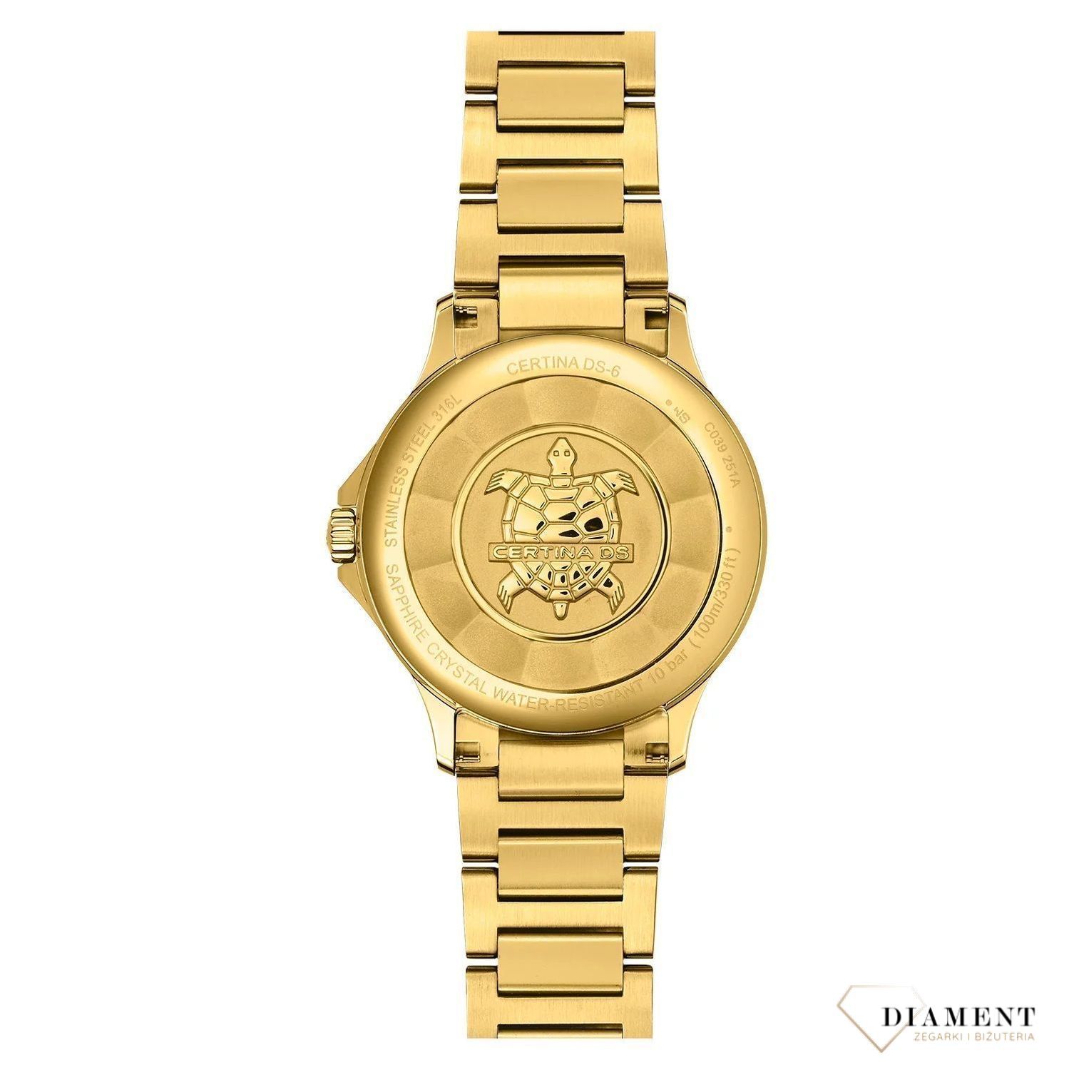 Zegarek damski w złotym kolorze Certina DS-6 Lady Chronometer C039.251.33.367.00. Zegarek Certina DS-6 Lady to uosobienie kobiecości. Koperta w zegarku Certina DS-6 Lady ma średnicę 35 mm i doskonale leży na nadgarstku. Zegarek damski Certina (1).jpg