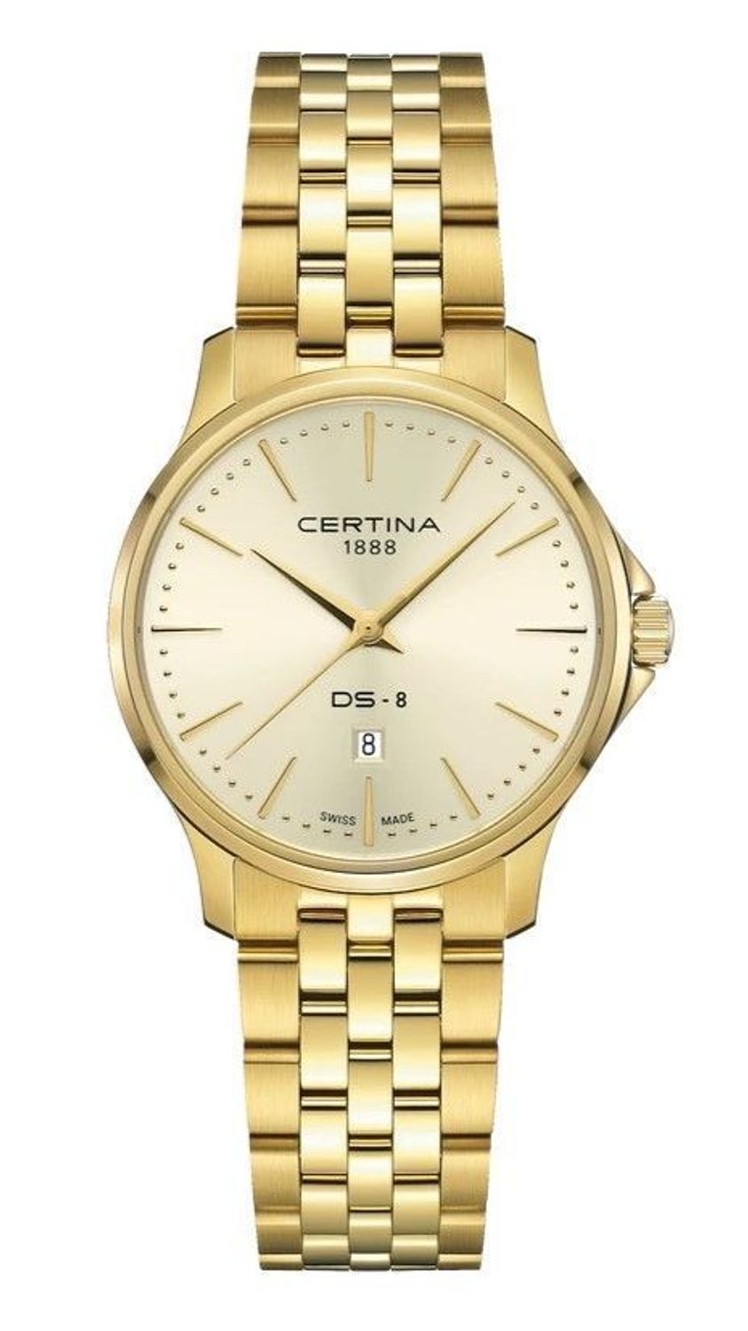 Zegarek damski Certina DS-8 Lady 31mm pokryty złotem C045.010.33.361.00.  Zegarek damski do nurkowania. Damski zegarek Certina na prezent. Damski zegarek szwajcarski w złotym kolorze. Pomysł na prezent dla kobiety..jpg