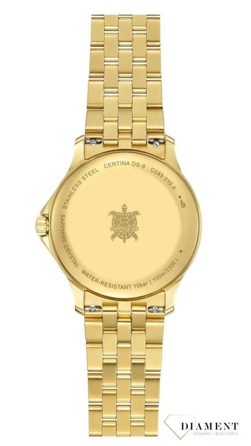Zegarek damski Certina DS-8 Lady 31mm pokryty złotem C045.010.33.361.00.  Zegarek damski do nurkowania. Damski zegarek Certina na prezent. Damski zegarek szwajcarski w złotym kolorze. Pomysł na prezent dla kobiety..jpg