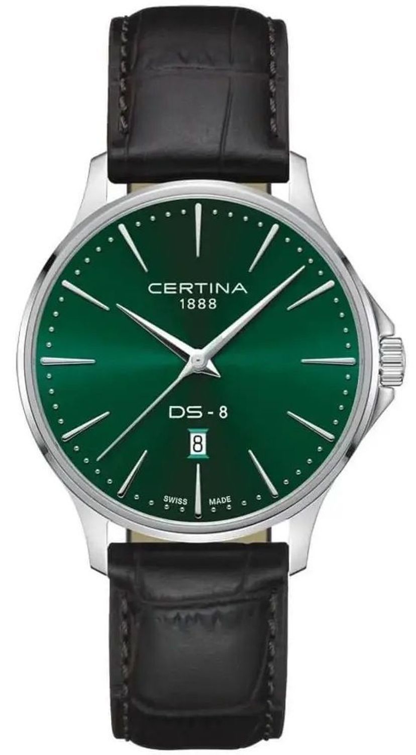 Zegarek męski Certina C045.410.16.091.00 ze szwajcarskim mechanizmem kwarcowym, zieloną tarczą, szkłem szafirowym, skórzanym paskiem i funkcją daty. Wodoszczelność i elegancja w jednym.1.jpg