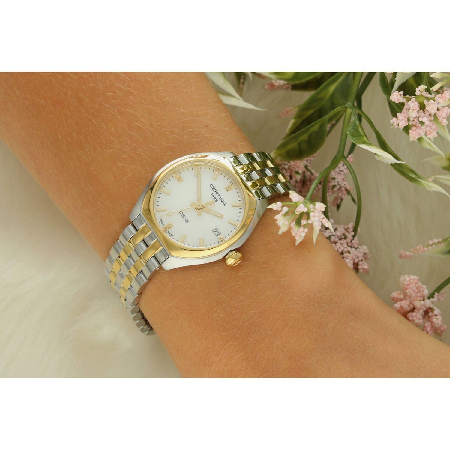 Luksusowy damski zegarek Certina DS-2 Lady Diamonds Swiss Made z diamentami, mechanizmem ETA Precidrive, złotą powłoką PVD i wodoszczelnością 100 m.1.jpg