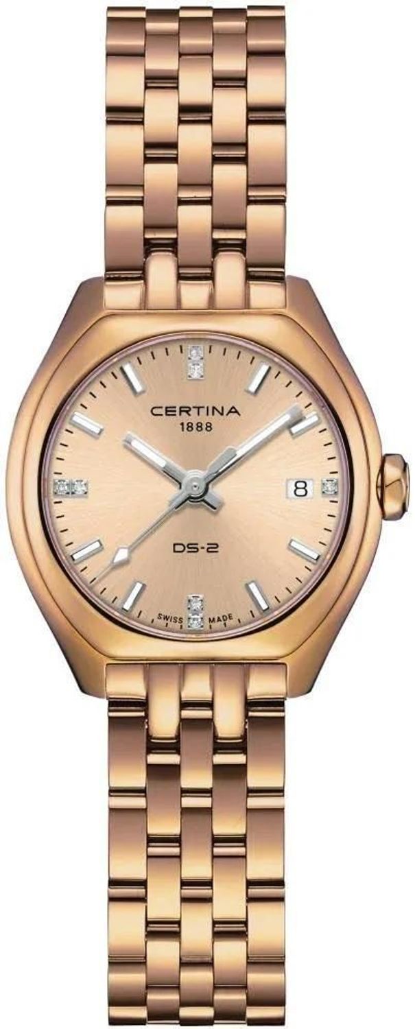 Pozłacany zegarek damski Certina DS-2 Lady C049.210.33.026.00. Złota koperta i bransoleta PVD, 7 diamentów na tarczy, szkło szafirowe, wodoszczelność 100 m. Elegancja i precyzja Swiss Made.1.jpg