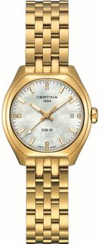 Zegarek damski Certina DS-2 Lady Diamonds z diamentami i tarczą z masy perłowej. Swiss Made, mechanizm Precidrive™, szkło szafirowe, powłoka PVD w złotym kolorze, wodoodporność 100 m.1.jpg