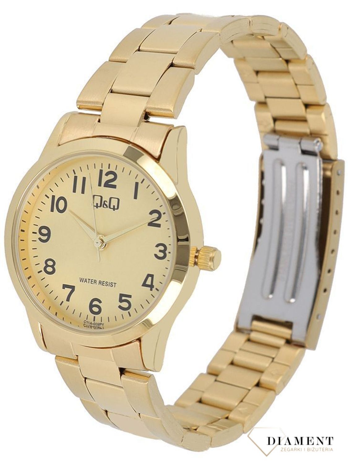 Zegarek damski QQ na bransolecie w złotym kolorze z cyframi C11A-009P.  Zegarki damskie wyraźne. Zegarek dla starszej osoby. Klasyczny tani zegarek na złotej bransolecie. Pomysł na prezent dla starszej osoby. Zegarek.jpg