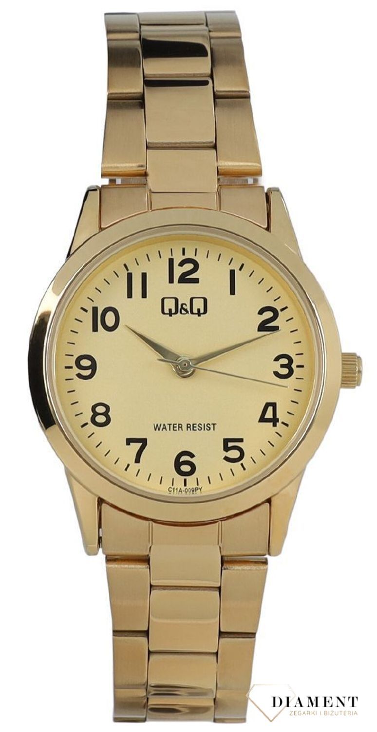 Zegarek damski QQ na bransolecie w złotym kolorze z cyframi C11A-009P.  Zegarki damskie wyraźne. Zegarek dla starszej osoby. Klasyczny tani zegarek na złotej bransolecie. Pomysł na prezent dla starszej osoby. Zegarek.jpg